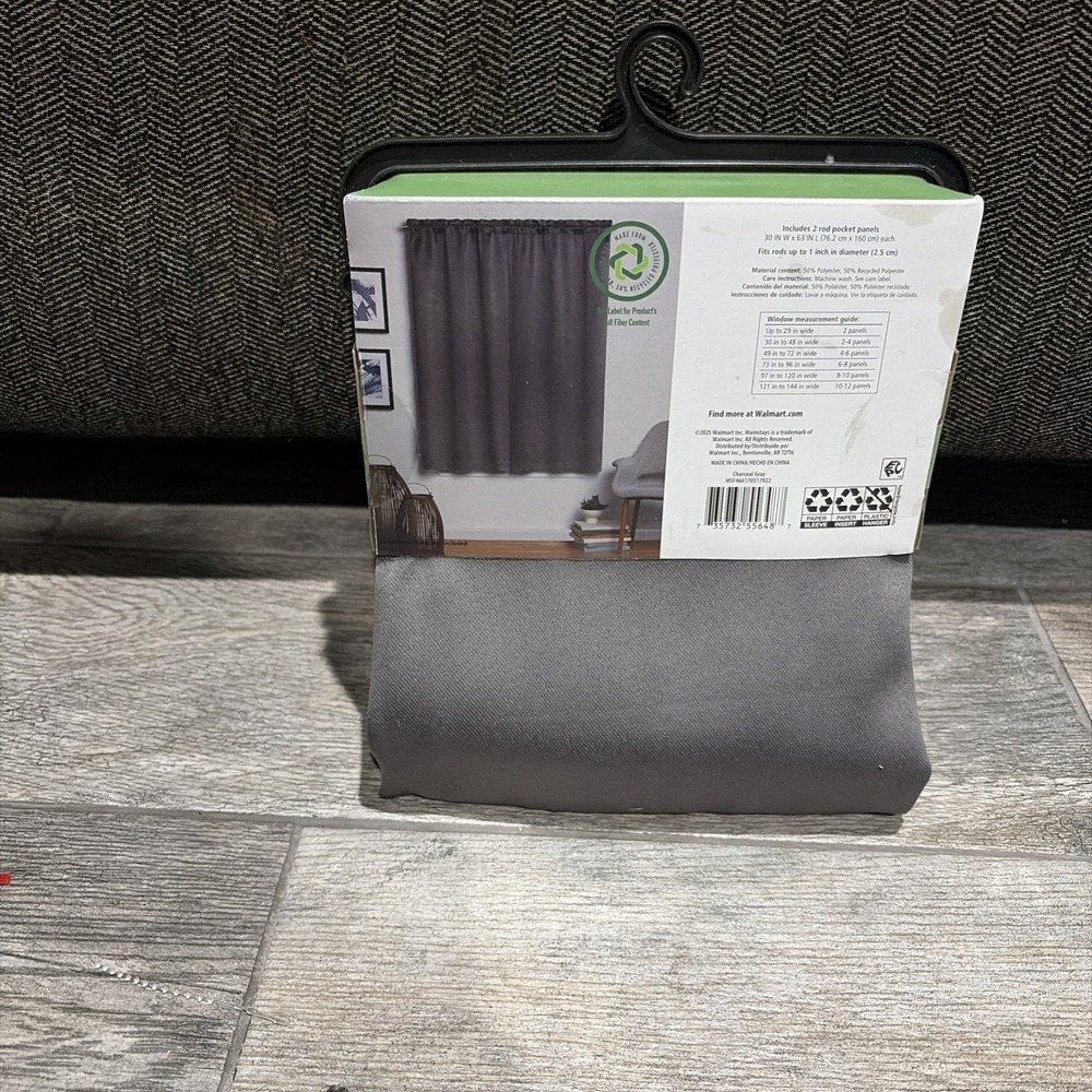 Mainstays Curtain Pair Blackout Charcoal Gray Rod Pocket 30x63‎ NWT Modern 2pk - Picture 4 of 6